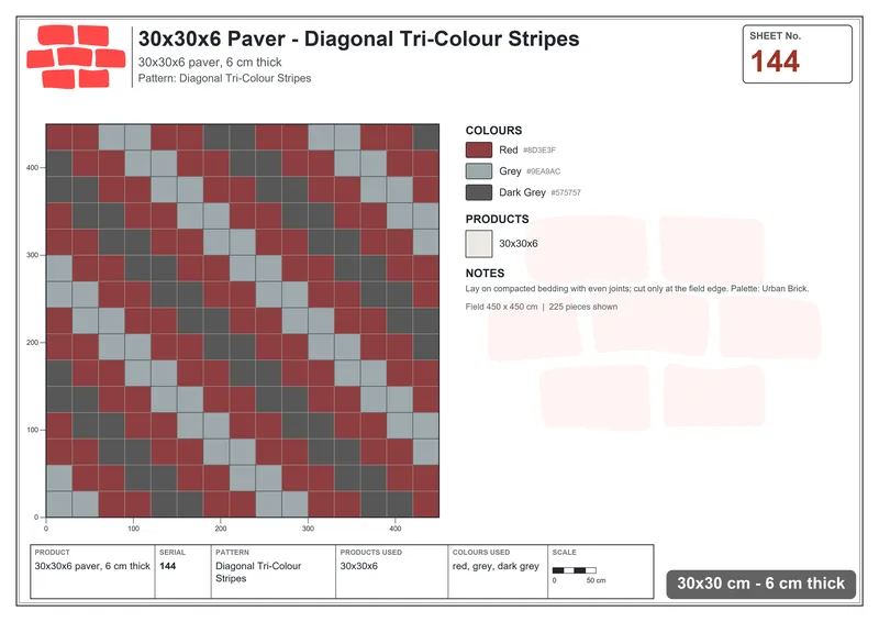 Interlock (Pasco) 30x30 cm · SQ33-144 · Diagonal Tri-Colour Stripes · Laying plan Interlock (Pasco) 30x30 cm · SQ33-144 · Diagonal Tri-Colour Stripes · Laying plan