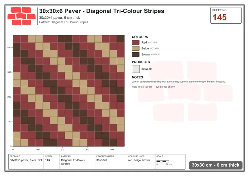 Interlock (Pasco) 30x30 cm · SQ33-145 · Diagonal Tri-Colour Stripes · Laying plan Interlock (Pasco) 30x30 cm · SQ33-145 · Diagonal Tri-Colour Stripes · Laying plan