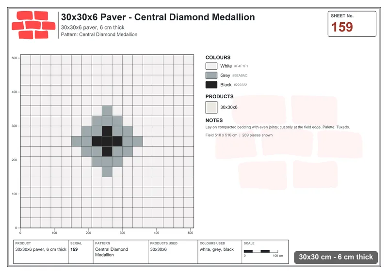 Interlock (Pasco) 30x30 cm · SQ33-159 · Central Diamond Medallion · Laying plan Interlock (Pasco) 30x30 cm · SQ33-159 · Central Diamond Medallion · Laying plan