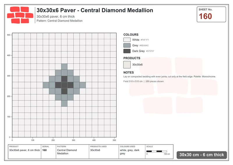 Interlock (Pasco) 30x30 cm · SQ33-160 · Central Diamond Medallion · Laying plan Interlock (Pasco) 30x30 cm · SQ33-160 · Central Diamond Medallion · Laying plan