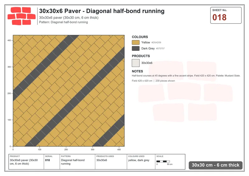 Interlock (Pasco) 30x30 cm · SQ33-18 · Diagonal half-bond running · Laying plan Interlock (Pasco) 30x30 cm · SQ33-18 · Diagonal half-bond running · Laying plan
