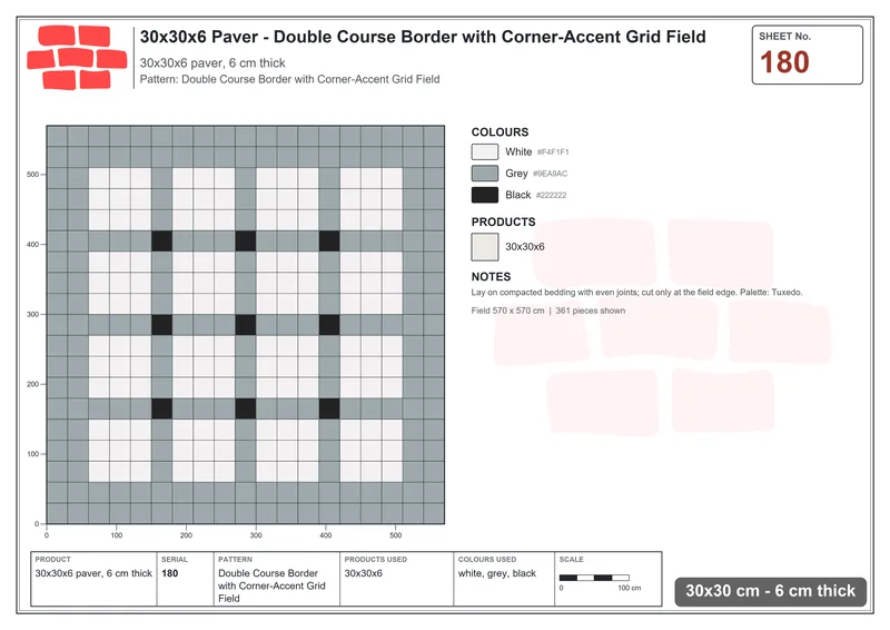 Interlock (Pasco) 30x30 cm · SQ33-180 · Double Course Border with Corner-Accent Grid Field · Laying plan Interlock (Pasco) 30x30 cm · SQ33-180 · Double Course Border with Corner-Accent Grid Field · Laying plan