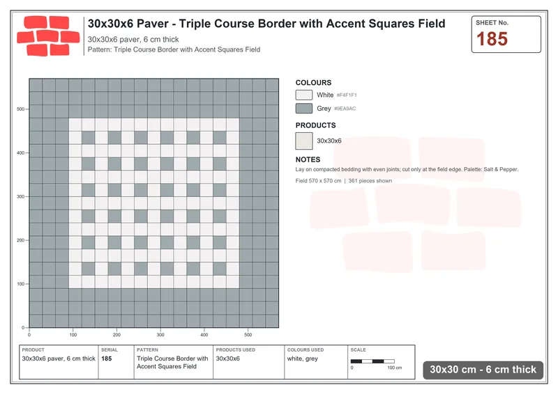 Interlock (Pasco) 30x30 cm · SQ33-185 · Triple Course Border with Accent Squares Field · Laying plan Interlock (Pasco) 30x30 cm · SQ33-185 · Triple Course Border with Accent Squares Field · Laying plan