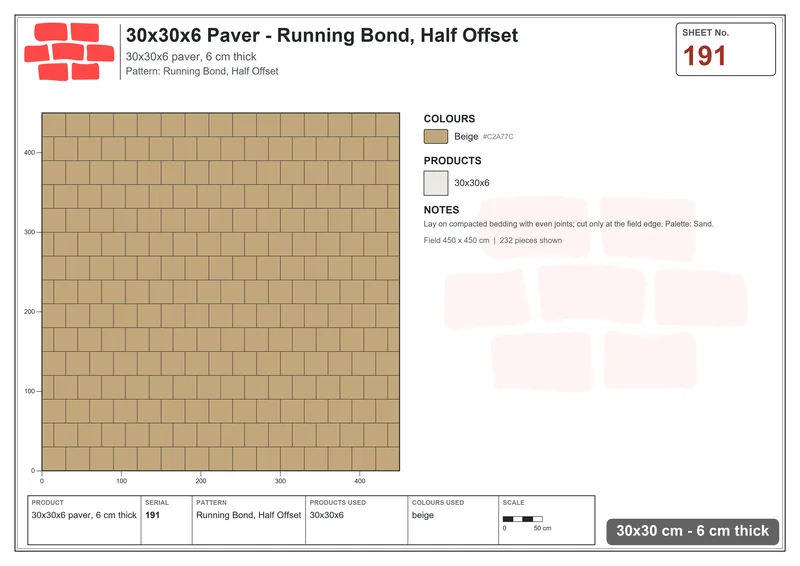 Interlock (Pasco) 30x30 cm · SQ33-191 · Running Bond, Half Offset · Laying plan Interlock (Pasco) 30x30 cm · SQ33-191 · Running Bond, Half Offset · Laying plan