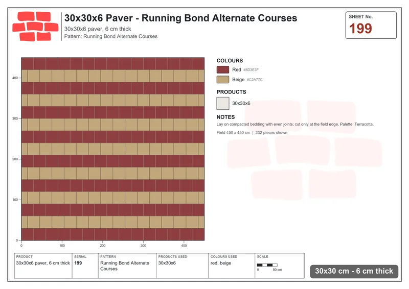 Interlock (Pasco) 30x30 cm · SQ33-199 · Running Bond Alternate Courses · Laying plan Interlock (Pasco) 30x30 cm · SQ33-199 · Running Bond Alternate Courses · Laying plan