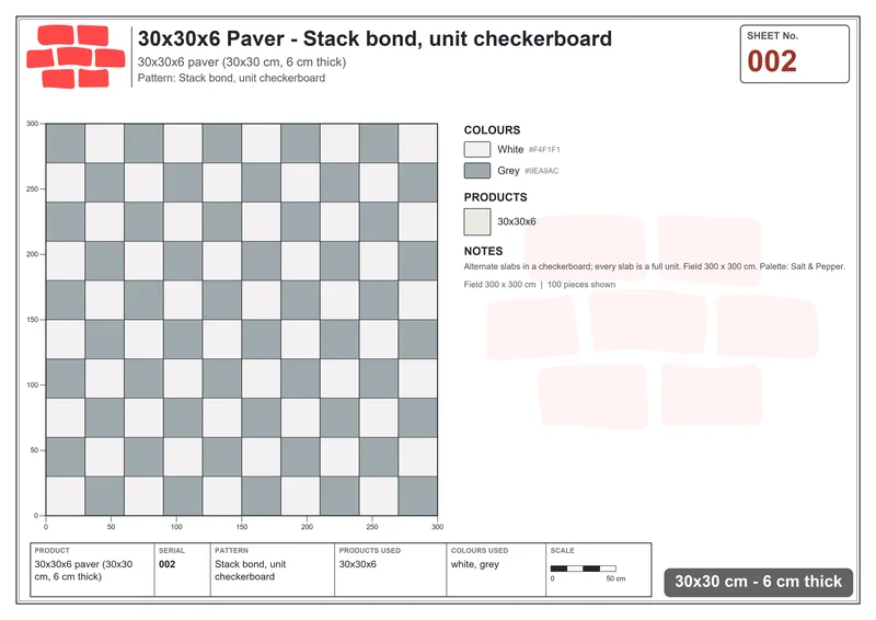 Interlock (Pasco) 30x30 cm · SQ33-2 · Stack bond, unit checkerboard · Laying plan Interlock (Pasco) 30x30 cm · SQ33-2 · Stack bond, unit checkerboard · Laying plan