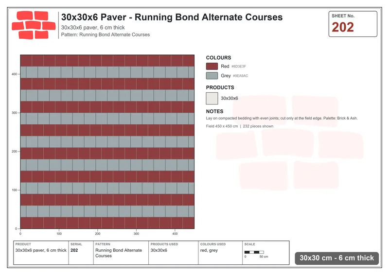 Interlock (Pasco) 30x30 cm · SQ33-202 · Running Bond Alternate Courses · Laying plan Interlock (Pasco) 30x30 cm · SQ33-202 · Running Bond Alternate Courses · Laying plan