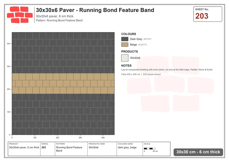 Interlock (Pasco) 30x30 cm · SQ33-203 · Running Bond Feature Band · Laying plan Interlock (Pasco) 30x30 cm · SQ33-203 · Running Bond Feature Band · Laying plan