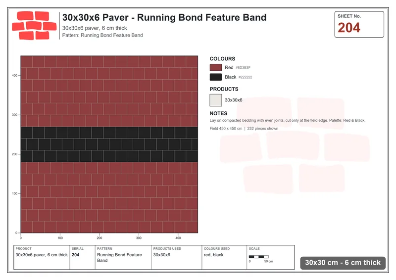 Interlock (Pasco) 30x30 cm · SQ33-204 · Running Bond Feature Band · Laying plan Interlock (Pasco) 30x30 cm · SQ33-204 · Running Bond Feature Band · Laying plan