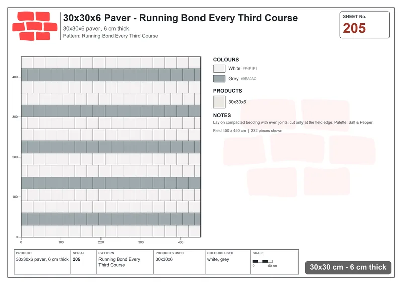 Interlock (Pasco) 30x30 cm · SQ33-205 · Running Bond Every Third Course · Laying plan Interlock (Pasco) 30x30 cm · SQ33-205 · Running Bond Every Third Course · Laying plan