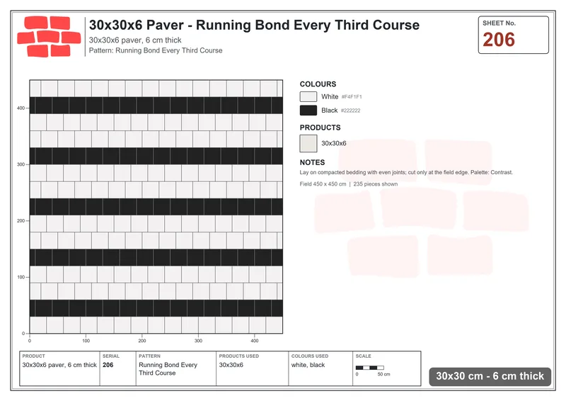 Interlock (Pasco) 30x30 cm · SQ33-206 · Running Bond Every Third Course · Laying plan Interlock (Pasco) 30x30 cm · SQ33-206 · Running Bond Every Third Course · Laying plan