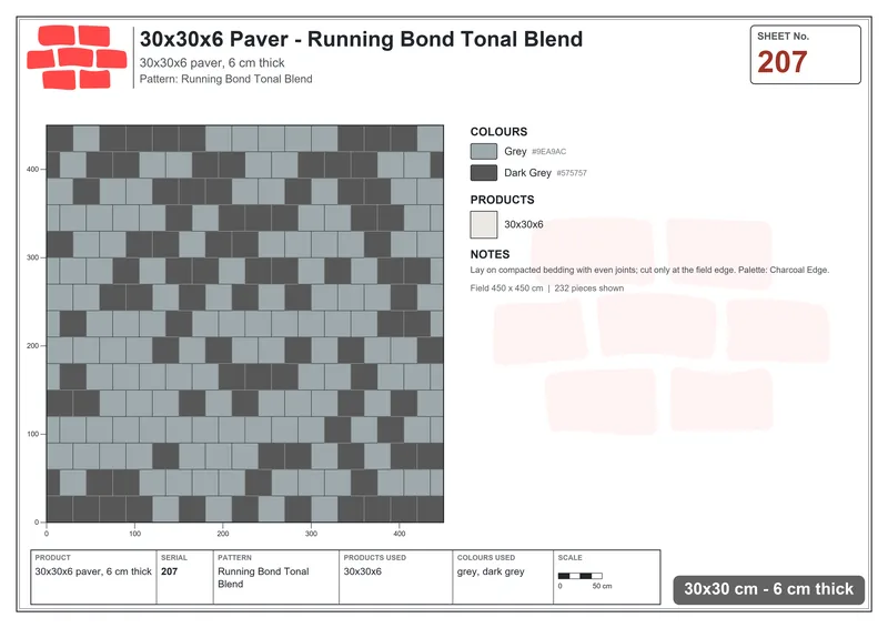 Interlock (Pasco) 30x30 cm · SQ33-207 · Running Bond Tonal Blend · Laying plan Interlock (Pasco) 30x30 cm · SQ33-207 · Running Bond Tonal Blend · Laying plan