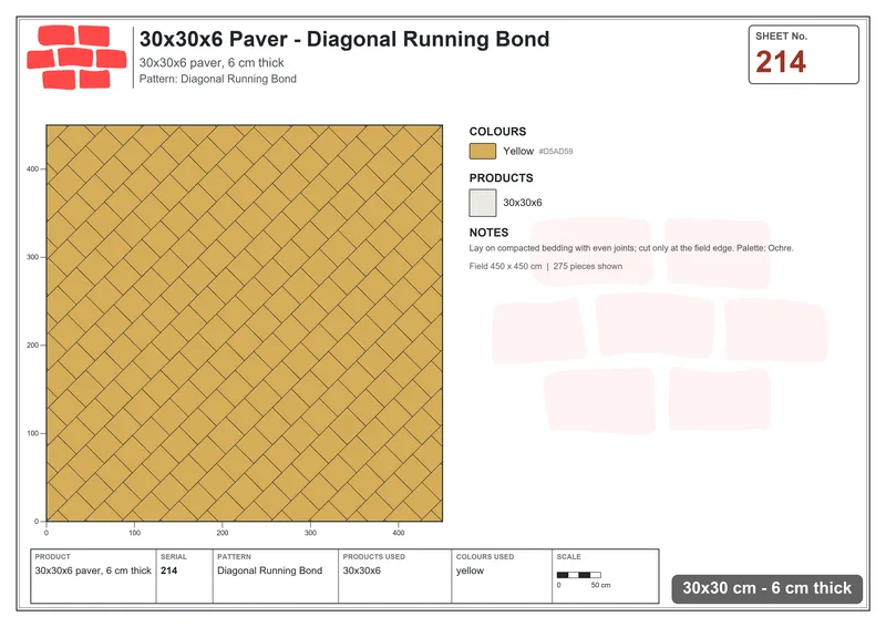 Interlock (Pasco) 30x30 cm · SQ33-214 · Diagonal Running Bond · Laying plan Interlock (Pasco) 30x30 cm · SQ33-214 · Diagonal Running Bond · Laying plan