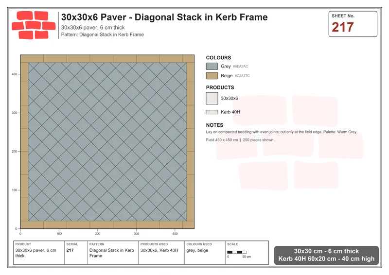 Interlock (Pasco) 30x30 cm · SQ33-217 · Diagonal Stack in Kerb Frame · Laying plan Interlock (Pasco) 30x30 cm · SQ33-217 · Diagonal Stack in Kerb Frame · Laying plan