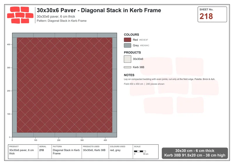 Interlock (Pasco) 30x30 cm · SQ33-218 · Diagonal Stack in Kerb Frame · Laying plan Interlock (Pasco) 30x30 cm · SQ33-218 · Diagonal Stack in Kerb Frame · Laying plan