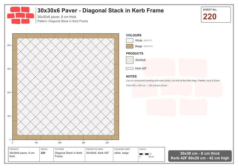 Interlock (Pasco) 30x30 cm · SQ33-220 · Diagonal Stack in Kerb Frame · Laying plan Interlock (Pasco) 30x30 cm · SQ33-220 · Diagonal Stack in Kerb Frame · Laying plan