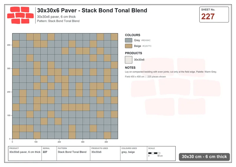 Interlock (Pasco) 30x30 cm · SQ33-227 · Stack Bond Tonal Blend · Laying plan Interlock (Pasco) 30x30 cm · SQ33-227 · Stack Bond Tonal Blend · Laying plan
