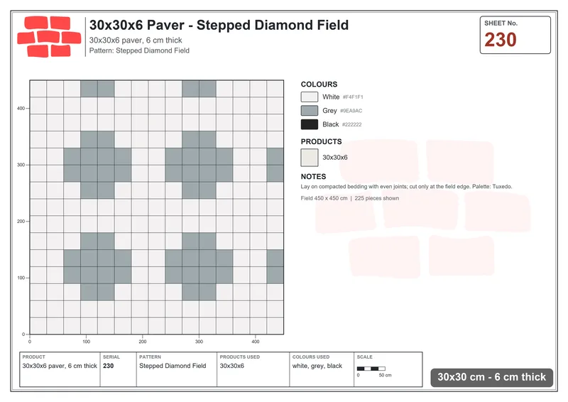 Interlock (Pasco) 30x30 cm · SQ33-230 · Stepped Diamond Field · Laying plan Interlock (Pasco) 30x30 cm · SQ33-230 · Stepped Diamond Field · Laying plan