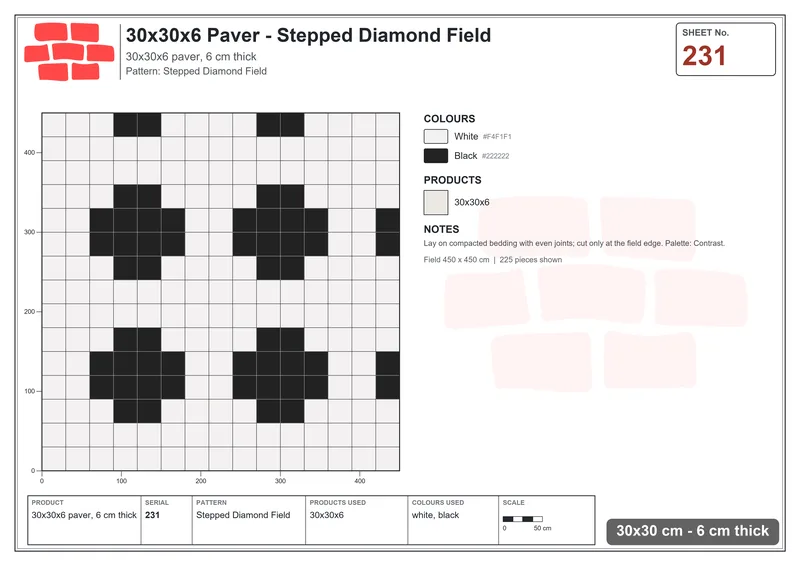 Interlock (Pasco) 30x30 cm · SQ33-231 · Stepped Diamond Field · Laying plan Interlock (Pasco) 30x30 cm · SQ33-231 · Stepped Diamond Field · Laying plan