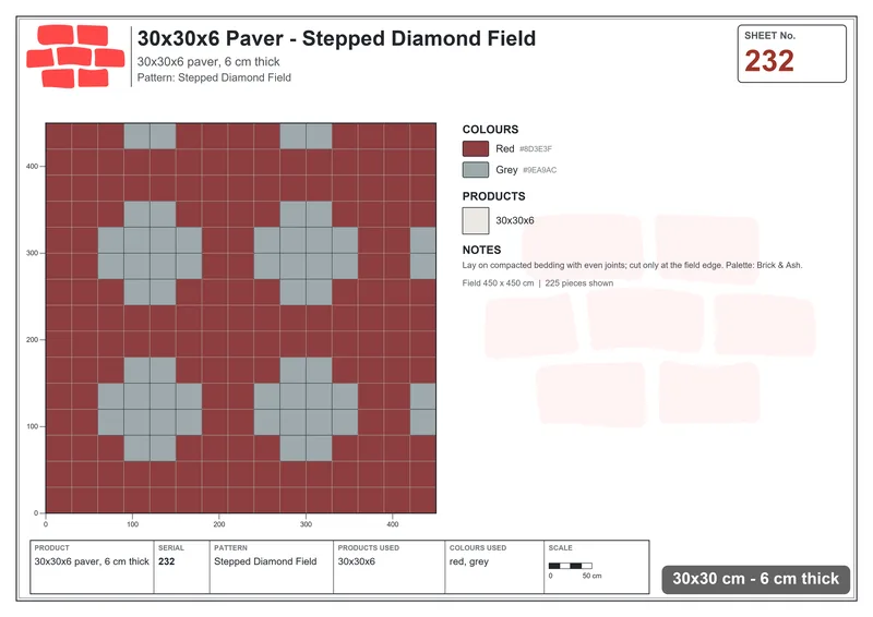 Interlock (Pasco) 30x30 cm · SQ33-232 · Stepped Diamond Field · Laying plan Interlock (Pasco) 30x30 cm · SQ33-232 · Stepped Diamond Field · Laying plan