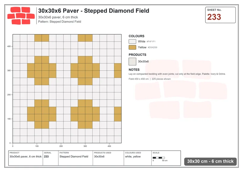 Interlock (Pasco) 30x30 cm · SQ33-233 · Stepped Diamond Field · Laying plan Interlock (Pasco) 30x30 cm · SQ33-233 · Stepped Diamond Field · Laying plan