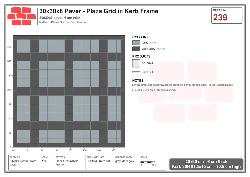 Interlock (Pasco) 30x30 cm · SQ33-239 · Plaza Grid in Kerb Frame · Laying plan Interlock (Pasco) 30x30 cm · SQ33-239 · Plaza Grid in Kerb Frame · Laying plan