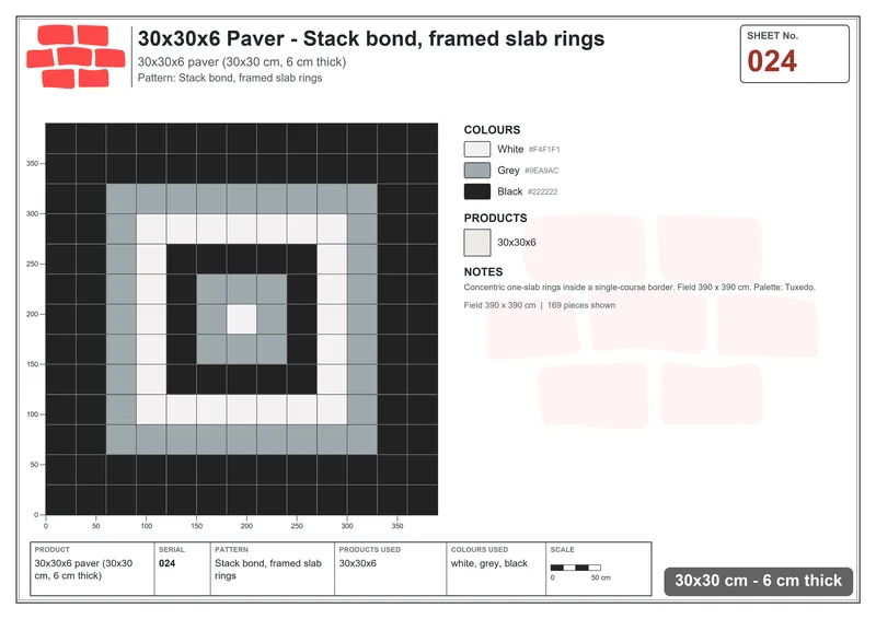 Interlock (Pasco) 30x30 cm · SQ33-24 · Stack bond, framed slab rings · Laying plan Interlock (Pasco) 30x30 cm · SQ33-24 · Stack bond, framed slab rings · Laying plan