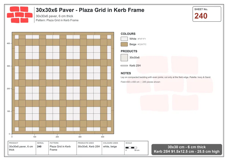 Interlock (Pasco) 30x30 cm · SQ33-240 · Plaza Grid in Kerb Frame · Laying plan Interlock (Pasco) 30x30 cm · SQ33-240 · Plaza Grid in Kerb Frame · Laying plan