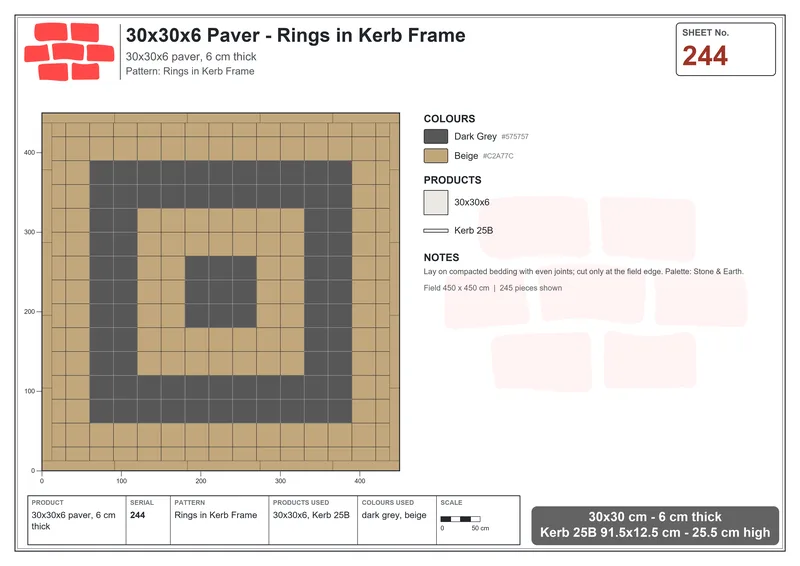 Interlock (Pasco) 30x30 cm · SQ33-244 · Rings in Kerb Frame · Laying plan Interlock (Pasco) 30x30 cm · SQ33-244 · Rings in Kerb Frame · Laying plan