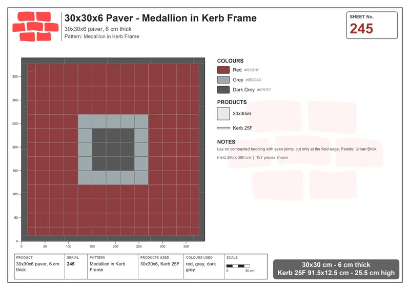 Interlock (Pasco) 30x30 cm · SQ33-245 · Medallion in Kerb Frame · Laying plan Interlock (Pasco) 30x30 cm · SQ33-245 · Medallion in Kerb Frame · Laying plan