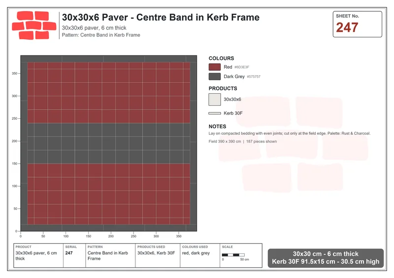 Interlock (Pasco) 30x30 cm · SQ33-247 · Centre Band in Kerb Frame · Laying plan Interlock (Pasco) 30x30 cm · SQ33-247 · Centre Band in Kerb Frame · Laying plan