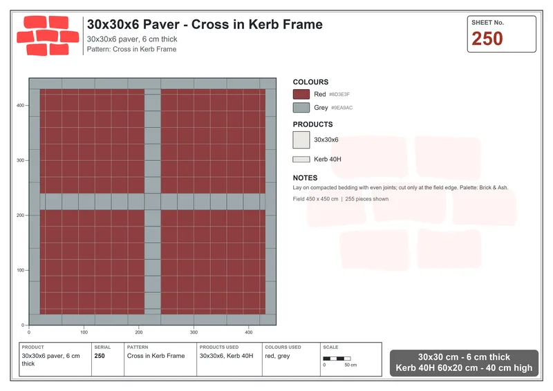 Interlock (Pasco) 30x30 cm · SQ33-250 · Cross in Kerb Frame · Laying plan Interlock (Pasco) 30x30 cm · SQ33-250 · Cross in Kerb Frame · Laying plan