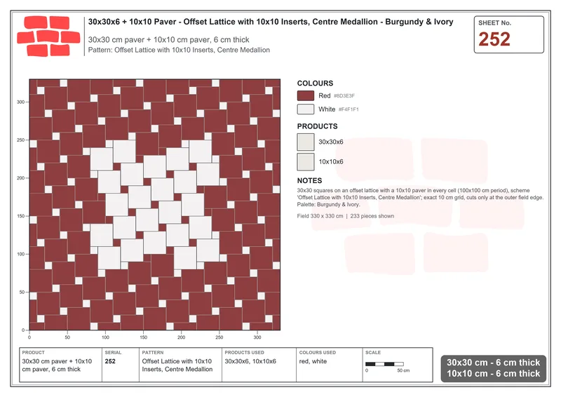 Interlock (Pasco) 30x30 cm · SQ33-252 · Offset Lattice with 10x10 Inserts, Centre Medallion · Laying plan Interlock (Pasco) 30x30 cm · SQ33-252 · Offset Lattice with 10x10 Inserts, Centre Medallion · Laying plan