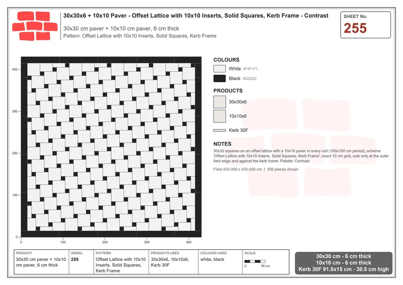 Interlock (Pasco) 30x30 cm · SQ33-255 · Offset Lattice with 10x10 Inserts, Solid Squares, Kerb Frame · Laying plan Interlock (Pasco) 30x30 cm · SQ33-255 · Offset Lattice with 10x10 Inserts, Solid Squares, Kerb Frame · Laying plan