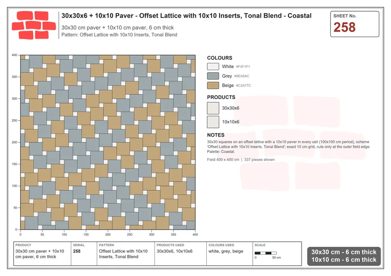 Interlock (Pasco) 30x30 cm · SQ33-258 · Offset Lattice with 10x10 Inserts, Tonal Blend · Laying plan Interlock (Pasco) 30x30 cm · SQ33-258 · Offset Lattice with 10x10 Inserts, Tonal Blend · Laying plan