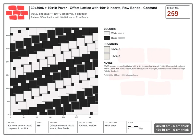 Interlock (Pasco) 30x30 cm · SQ33-259 · Offset Lattice with 10x10 Inserts, Row Bands · Laying plan Interlock (Pasco) 30x30 cm · SQ33-259 · Offset Lattice with 10x10 Inserts, Row Bands · Laying plan