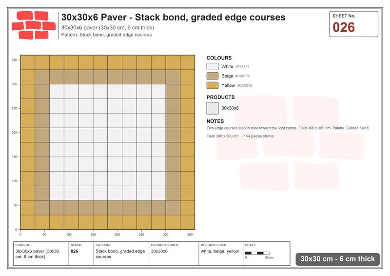 Interlock (Pasco) 30x30 cm · SQ33-26 · Stack bond, graded edge courses · Laying plan Interlock (Pasco) 30x30 cm · SQ33-26 · Stack bond, graded edge courses · Laying plan