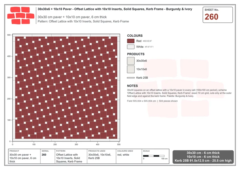 Interlock (Pasco) 30x30 cm · SQ33-260 · Offset Lattice with 10x10 Inserts, Solid Squares, Kerb Frame · Laying plan Interlock (Pasco) 30x30 cm · SQ33-260 · Offset Lattice with 10x10 Inserts, Solid Squares, Kerb Frame · Laying plan