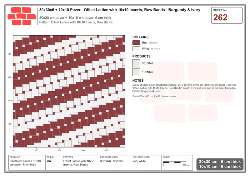 Interlock (Pasco) 30x30 cm · SQ33-262 · Offset Lattice with 10x10 Inserts, Row Bands · Laying plan Interlock (Pasco) 30x30 cm · SQ33-262 · Offset Lattice with 10x10 Inserts, Row Bands · Laying plan