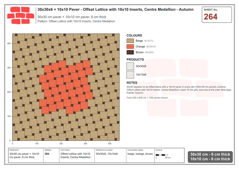 Interlock (Pasco) 30x30 cm · SQ33-264 · Offset Lattice with 10x10 Inserts, Centre Medallion · Laying plan Interlock (Pasco) 30x30 cm · SQ33-264 · Offset Lattice with 10x10 Inserts, Centre Medallion · Laying plan
