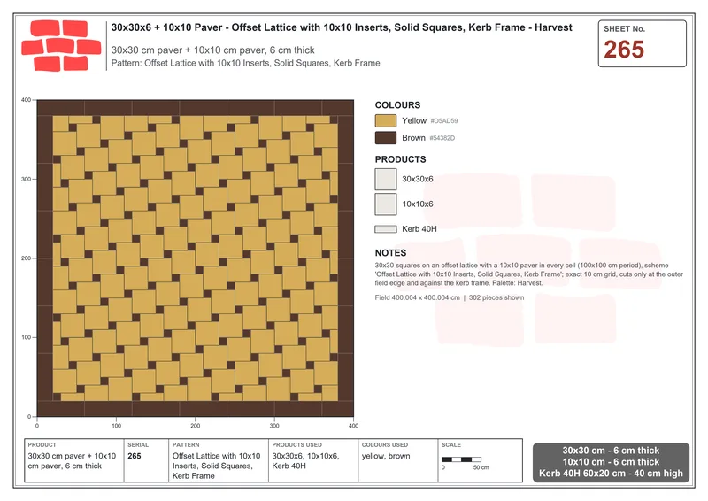 Interlock (Pasco) 30x30 cm · SQ33-265 · Offset Lattice with 10x10 Inserts, Solid Squares, Kerb Frame · Laying plan Interlock (Pasco) 30x30 cm · SQ33-265 · Offset Lattice with 10x10 Inserts, Solid Squares, Kerb Frame · Laying plan