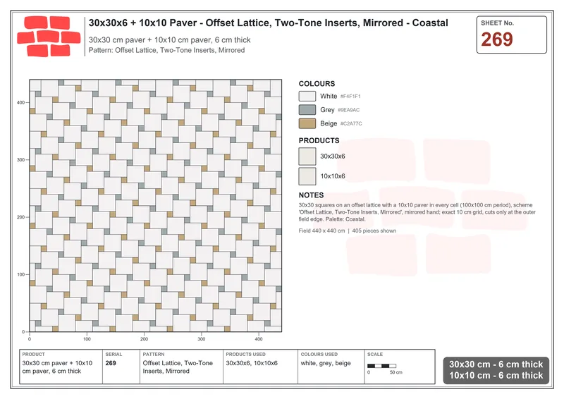 Interlock (Pasco) 30x30 cm · SQ33-269 · Offset Lattice, Two-Tone Inserts, Mirrored · Laying plan Interlock (Pasco) 30x30 cm · SQ33-269 · Offset Lattice, Two-Tone Inserts, Mirrored · Laying plan