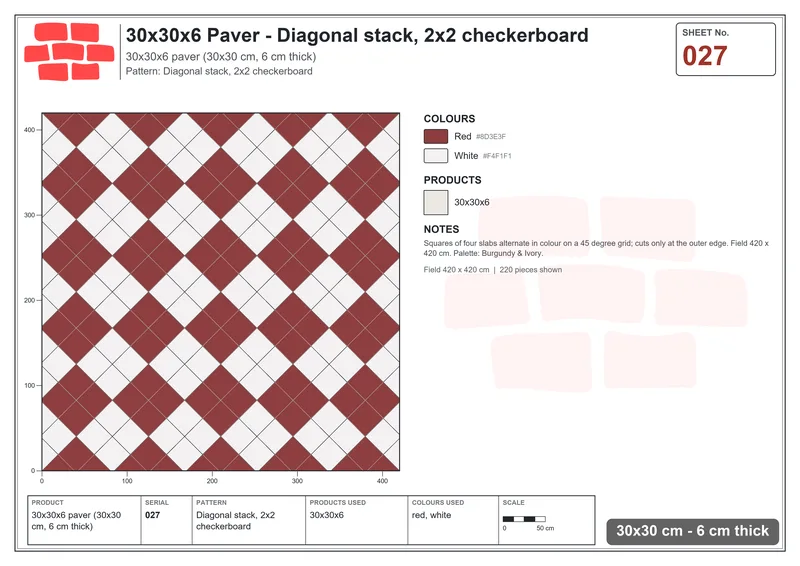 Interlock (Pasco) 30x30 cm · SQ33-27 · Diagonal stack, 2x2 checkerboard · Laying plan Interlock (Pasco) 30x30 cm · SQ33-27 · Diagonal stack, 2x2 checkerboard · Laying plan