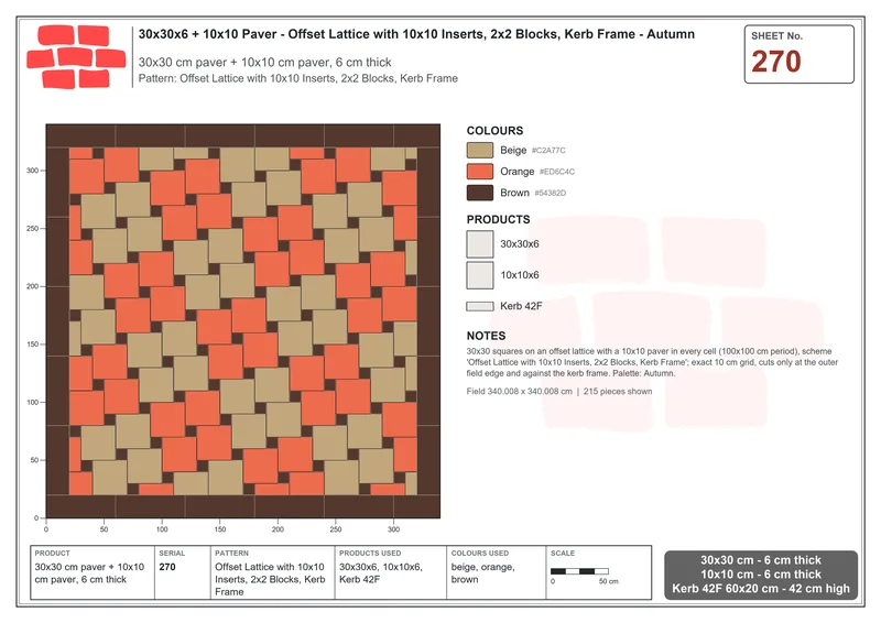 Interlock (Pasco) 30x30 cm · SQ33-270 · Offset Lattice with 10x10 Inserts, 2x2 Blocks, Kerb Frame · Laying plan Interlock (Pasco) 30x30 cm · SQ33-270 · Offset Lattice with 10x10 Inserts, 2x2 Blocks, Kerb Frame · Laying plan