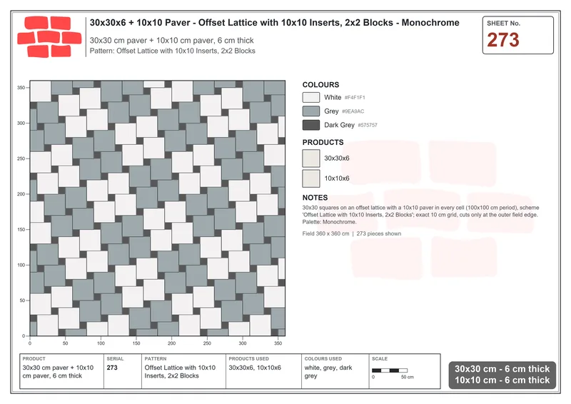 Interlock (Pasco) 30x30 cm · SQ33-273 · Offset Lattice with 10x10 Inserts, 2x2 Blocks · Laying plan Interlock (Pasco) 30x30 cm · SQ33-273 · Offset Lattice with 10x10 Inserts, 2x2 Blocks · Laying plan