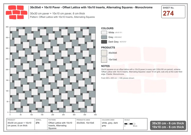 Interlock (Pasco) 30x30 cm · SQ33-274 · Offset Lattice with 10x10 Inserts, Alternating Squares · Laying plan Interlock (Pasco) 30x30 cm · SQ33-274 · Offset Lattice with 10x10 Inserts, Alternating Squares · Laying plan