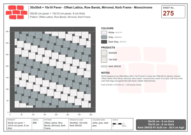 Interlock (Pasco) 30x30 cm · SQ33-275 · Offset Lattice, Row Bands, Mirrored, Kerb Frame · Laying plan Interlock (Pasco) 30x30 cm · SQ33-275 · Offset Lattice, Row Bands, Mirrored, Kerb Frame · Laying plan