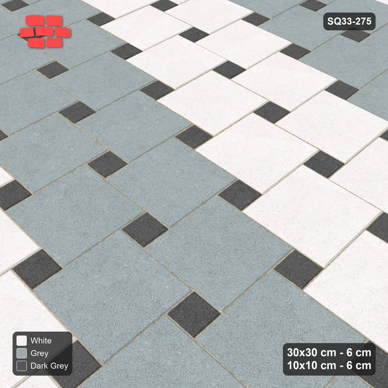 Interlock (Pasco) 30x30 cm · SQ33-275 · Offset Lattice, Row Bands, Mirrored, Kerb Frame · Side view Interlock (Pasco) 30x30 cm · SQ33-275 · Offset Lattice, Row Bands, Mirrored, Kerb Frame · Side view