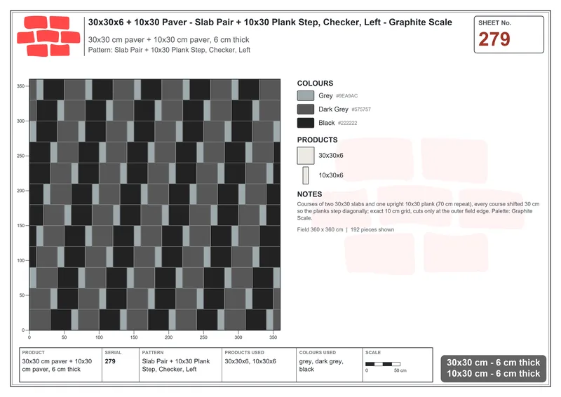 Interlock (Pasco) 30x30 cm · SQ33-279 · Slab Pair + 10x30 Plank Step, Checker, Left · Laying plan Interlock (Pasco) 30x30 cm · SQ33-279 · Slab Pair + 10x30 Plank Step, Checker, Left · Laying plan