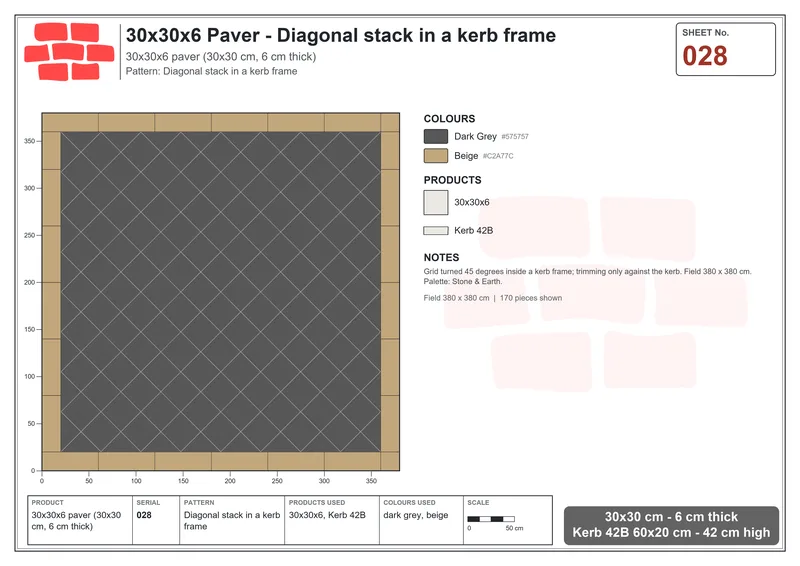 Interlock (Pasco) 30x30 cm · SQ33-28 · Diagonal stack in a kerb frame · Laying plan Interlock (Pasco) 30x30 cm · SQ33-28 · Diagonal stack in a kerb frame · Laying plan